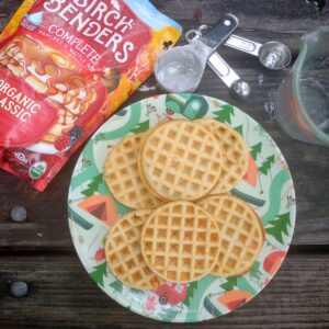 Mini waffles made from a Birch Bender mix on a plastic plate with a camping theme.